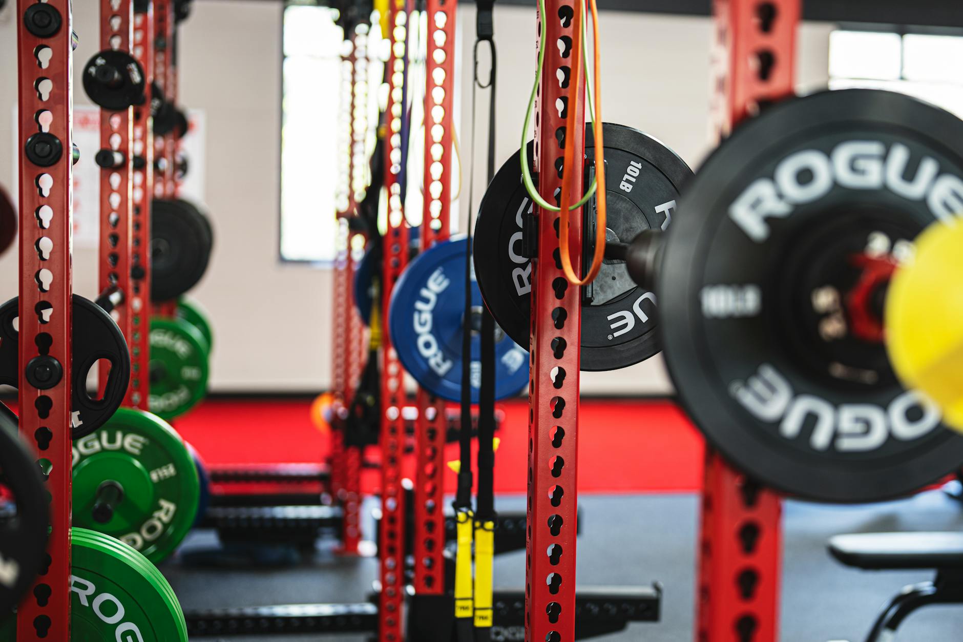 Colorful weightlifting equipment in a contemporary gym setting